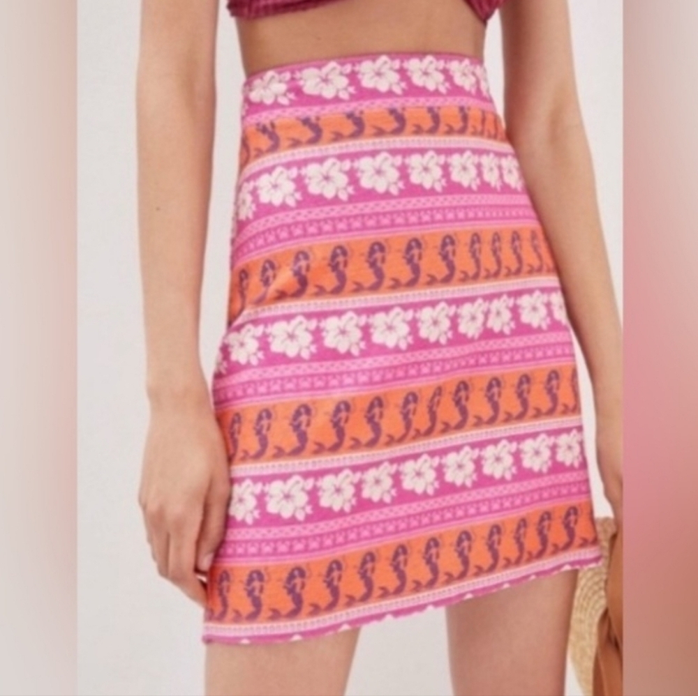 Farm Rio x Anthropologie Mermaid Print Mini Skirt Pink Orange Tropical Resort M